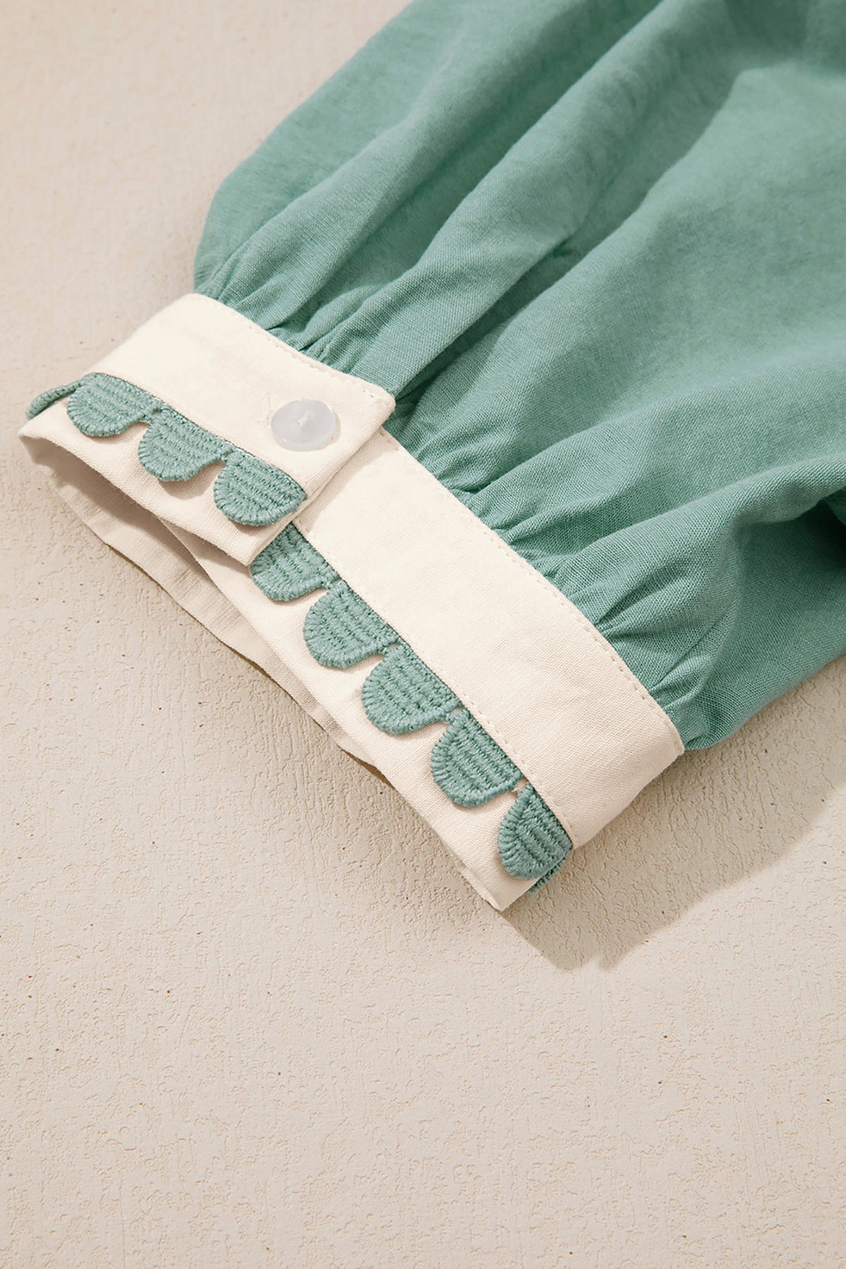 Green & White Puff Sleeve (45% Cotton) Mini Dress w/Scallop Detail & Pockets