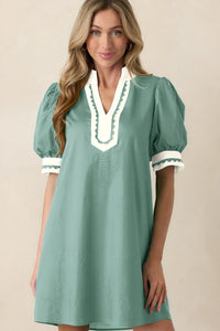 Green & White Puff Sleeve (45% Cotton) Mini Dress w/Scallop Detail & Pockets