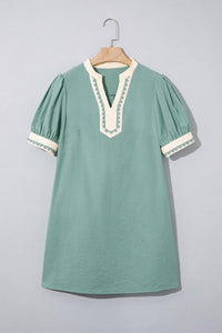 Green & White Puff Sleeve (45% Cotton) Mini Dress w/Scallop Detail & Pockets