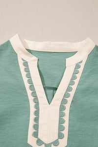 Green & White Puff Sleeve (45% Cotton) Mini Dress w/Scallop Detail & Pockets