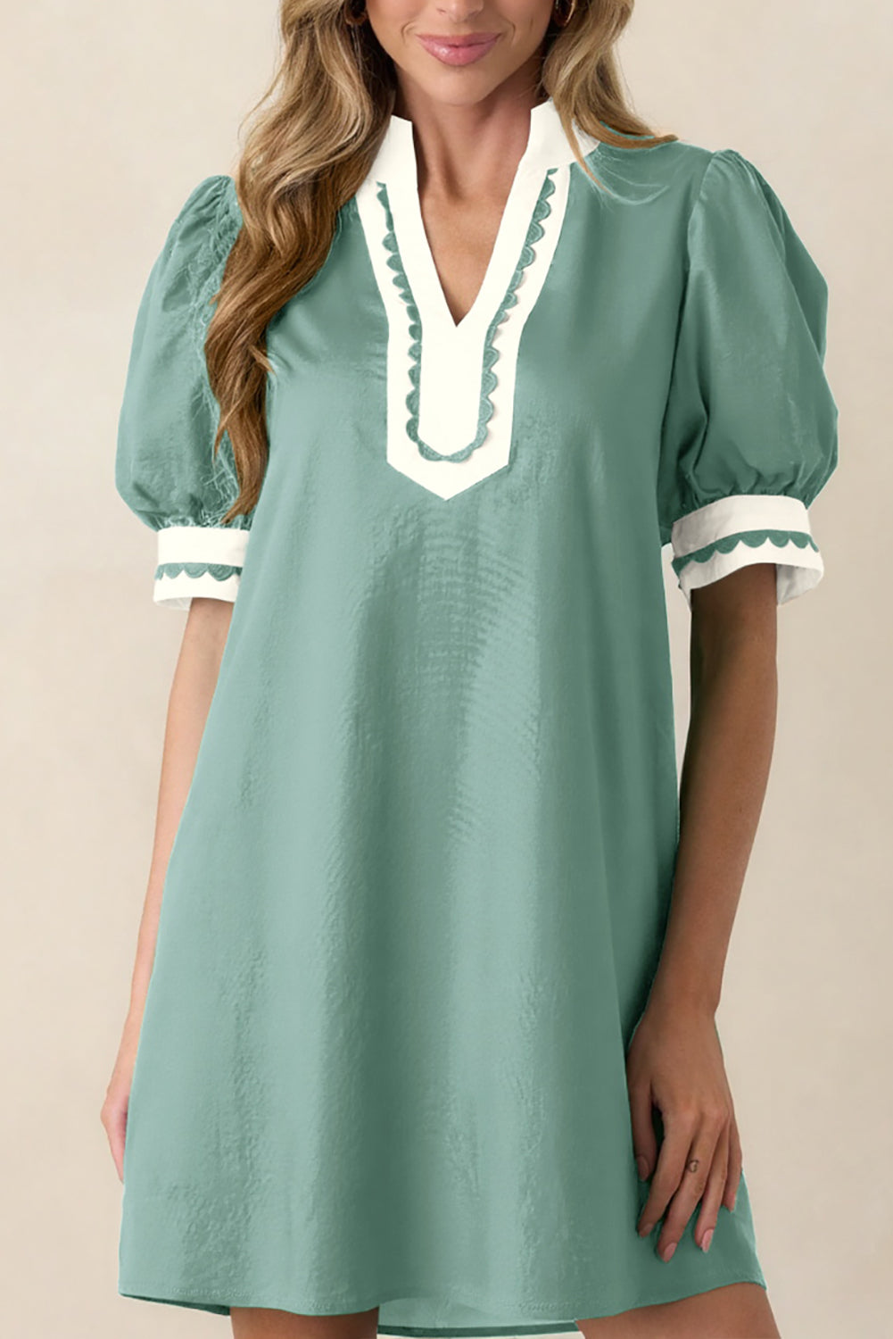 Green & White Puff Sleeve (45% Cotton) Mini Dress w/Scallop Detail & Pockets