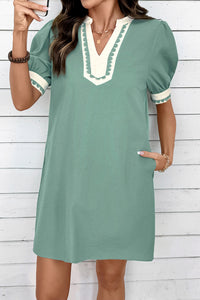 Green & White Puff Sleeve (45% Cotton) Mini Dress w/Scallop Detail & Pockets