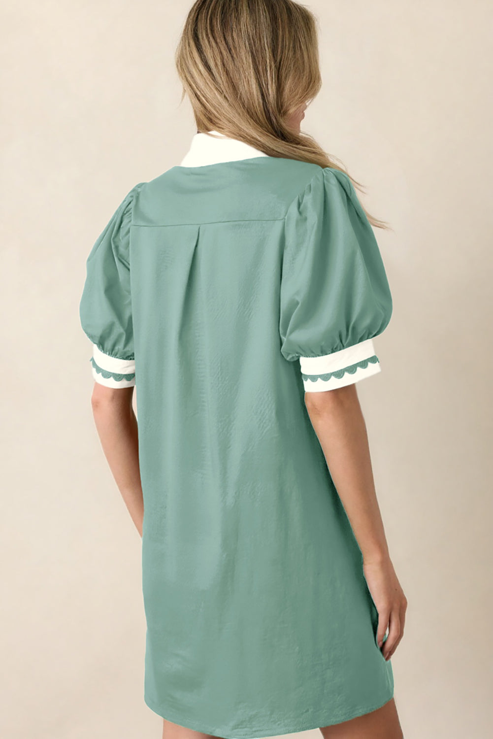 Green & White Puff Sleeve (45% Cotton) Mini Dress w/Scallop Detail & Pockets