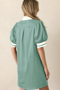 Green & White Puff Sleeve (45% Cotton) Mini Dress w/Scallop Detail & Pockets
