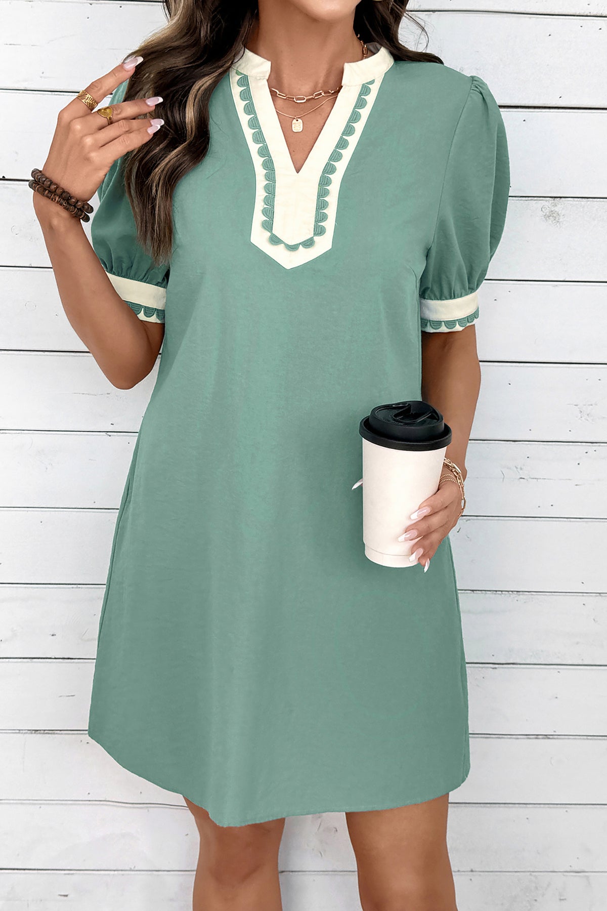 Green & White Puff Sleeve (45% Cotton) Mini Dress w/Scallop Detail & Pockets