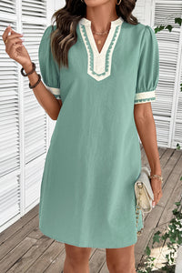 Green & White Puff Sleeve (45% Cotton) Mini Dress w/Scallop Detail & Pockets