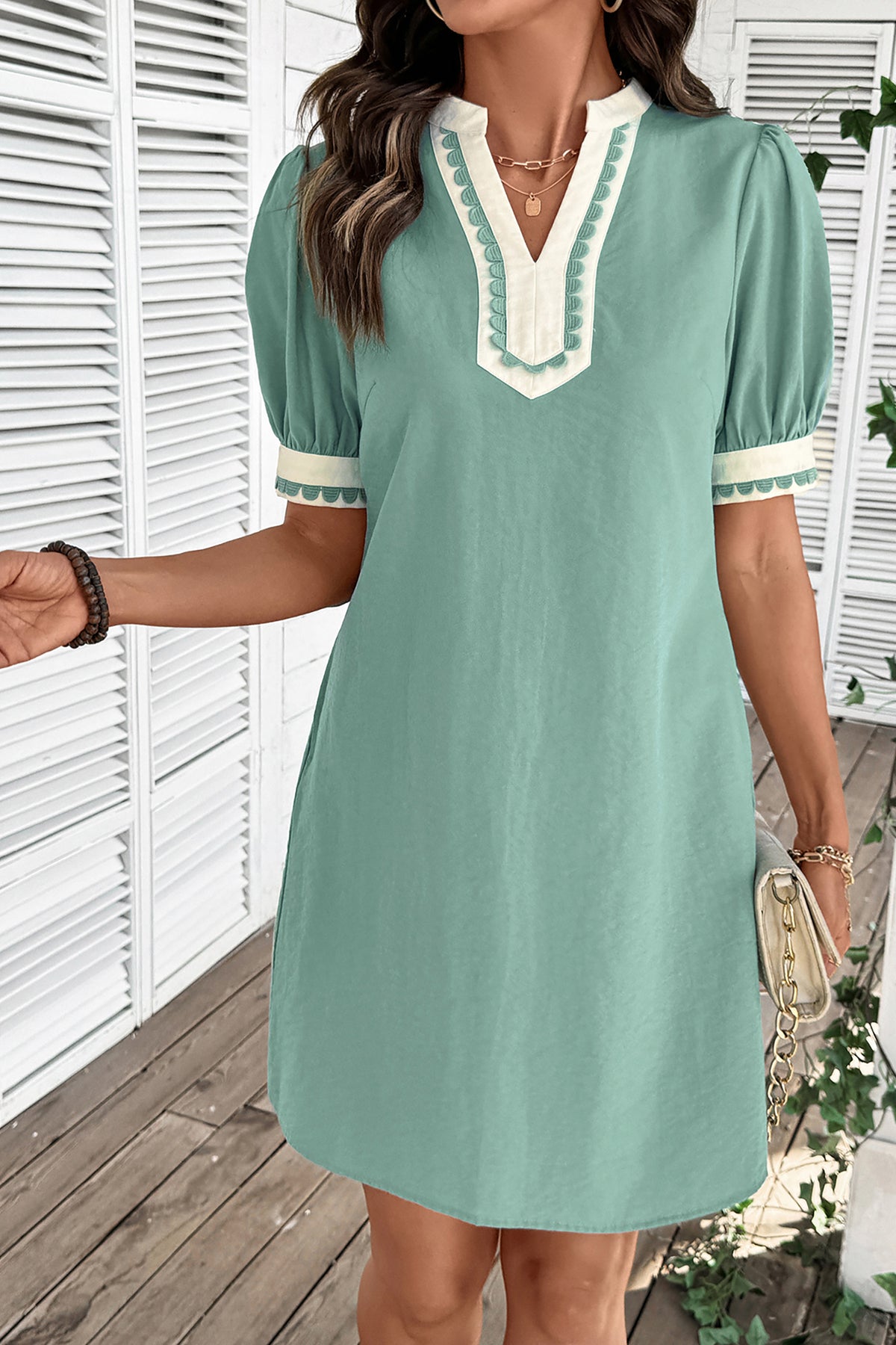 Green & White Puff Sleeve (45% Cotton) Mini Dress w/Scallop Detail & Pockets