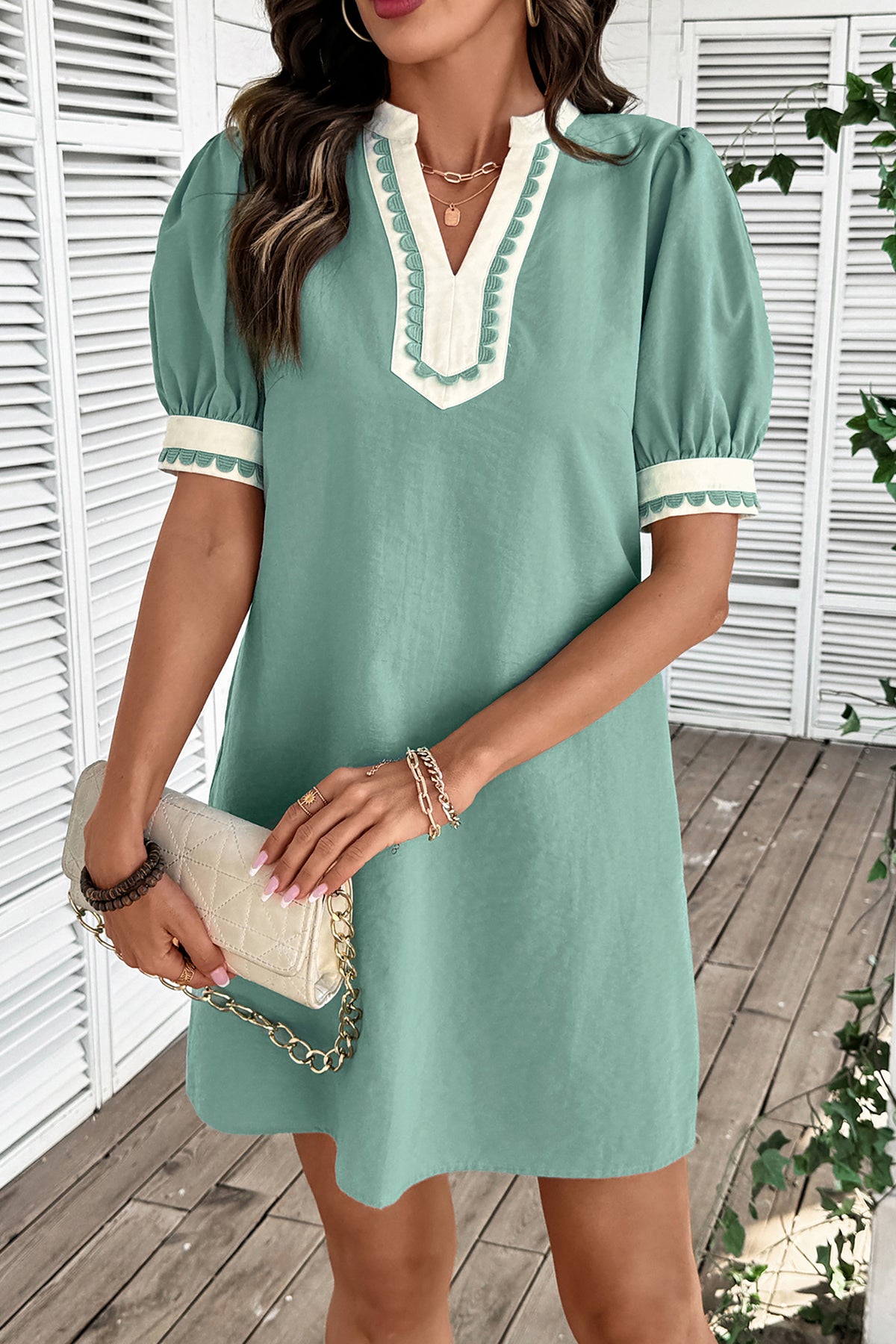 Green & White Puff Sleeve (45% Cotton) Mini Dress w/Scallop Detail & Pockets