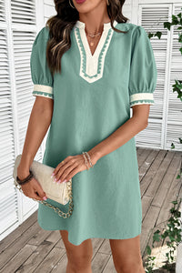 Green & White Puff Sleeve (45% Cotton) Mini Dress w/Scallop Detail & Pockets
