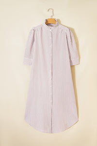 Fancy Tan & White Striped Half-Sleeve Dress
