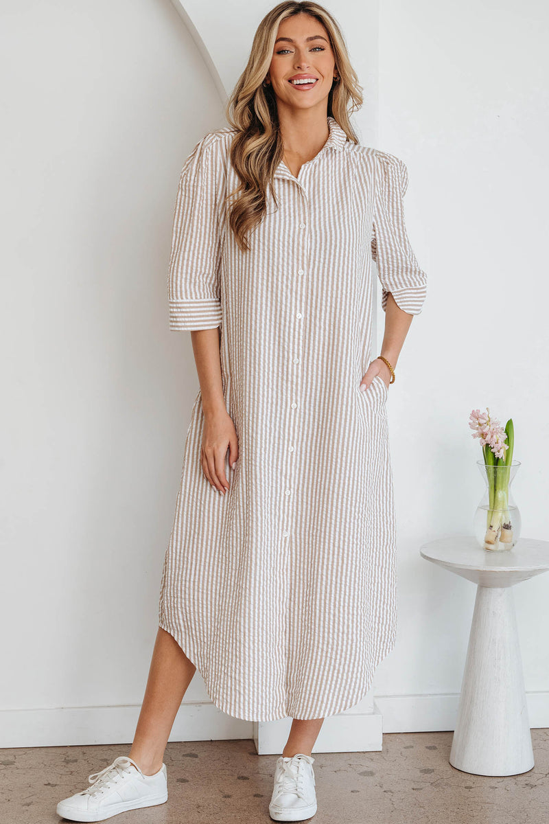 Fancy Tan & White Striped Half-Sleeve Dress