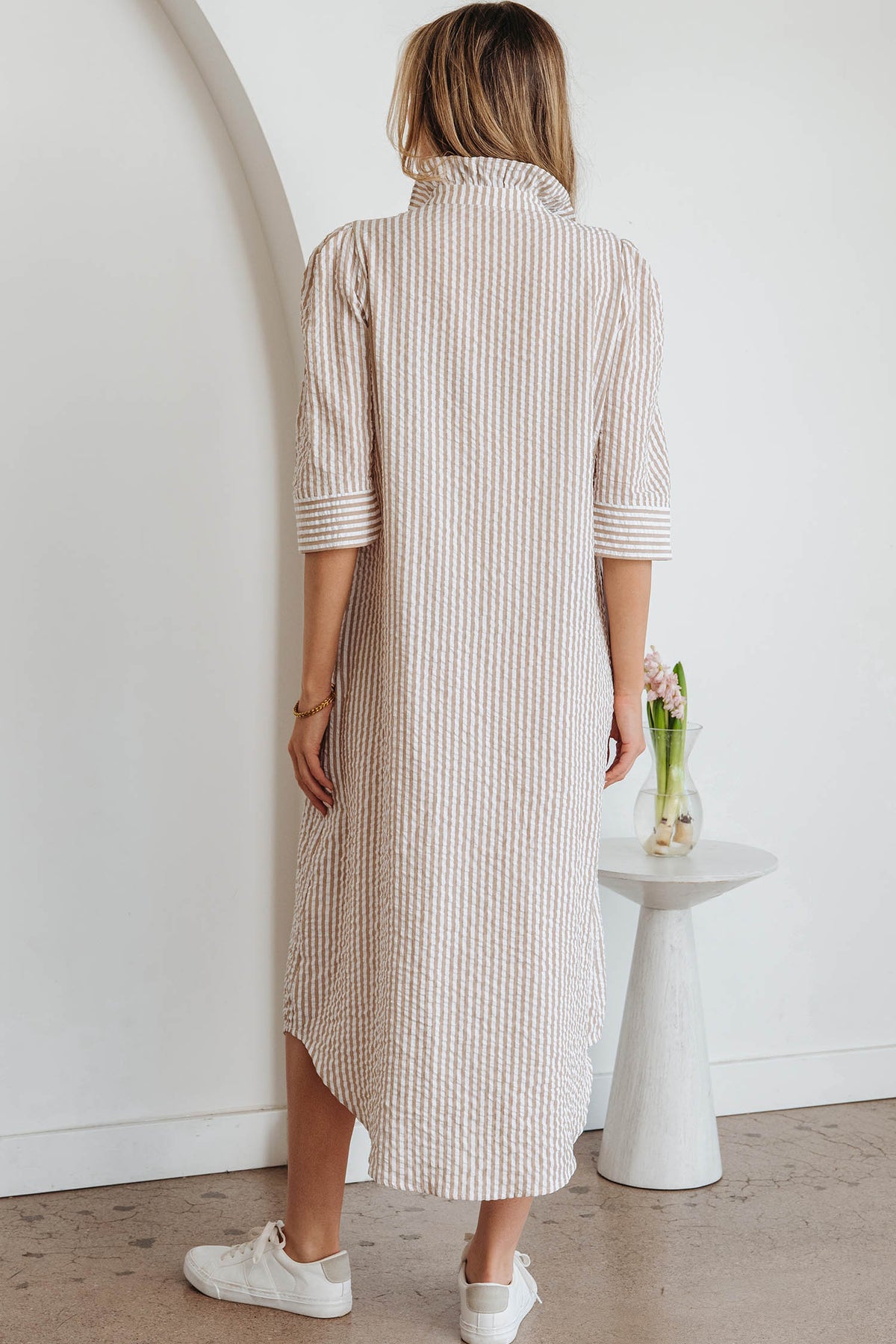 Fancy Tan & White Striped Half-Sleeve Dress