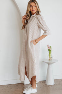 Fancy Tan & White Striped Half-Sleeve Dress