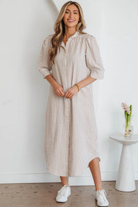 Fancy Tan & White Striped Half-Sleeve Dress