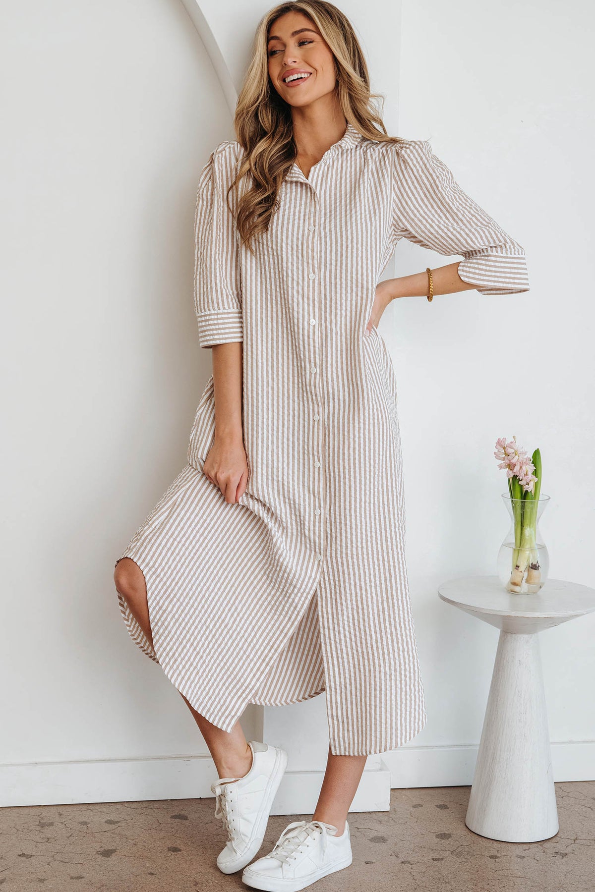 Fancy Tan & White Striped Half-Sleeve Dress