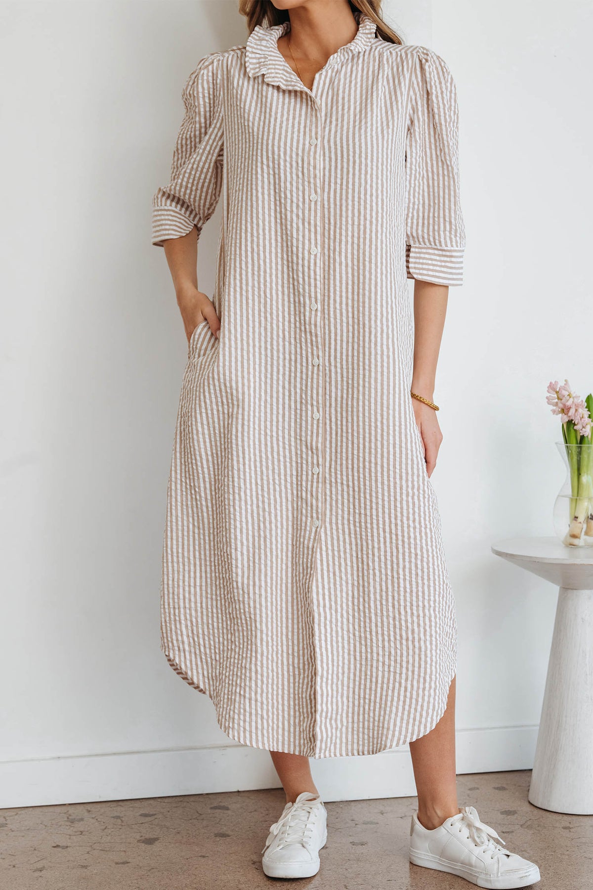 Fancy Tan & White Striped Half-Sleeve Dress