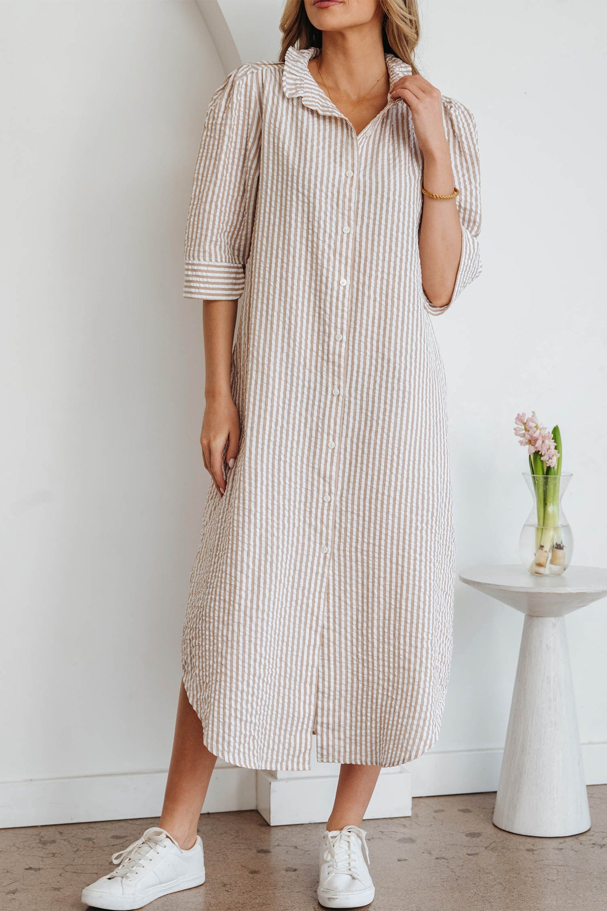 Fancy Tan & White Striped Half-Sleeve Dress