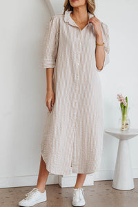 Fancy Tan & White Striped Half-Sleeve Dress