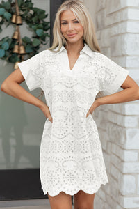 White (100% Cotton) Eyelet Embroidered V-Neck Mini Dress