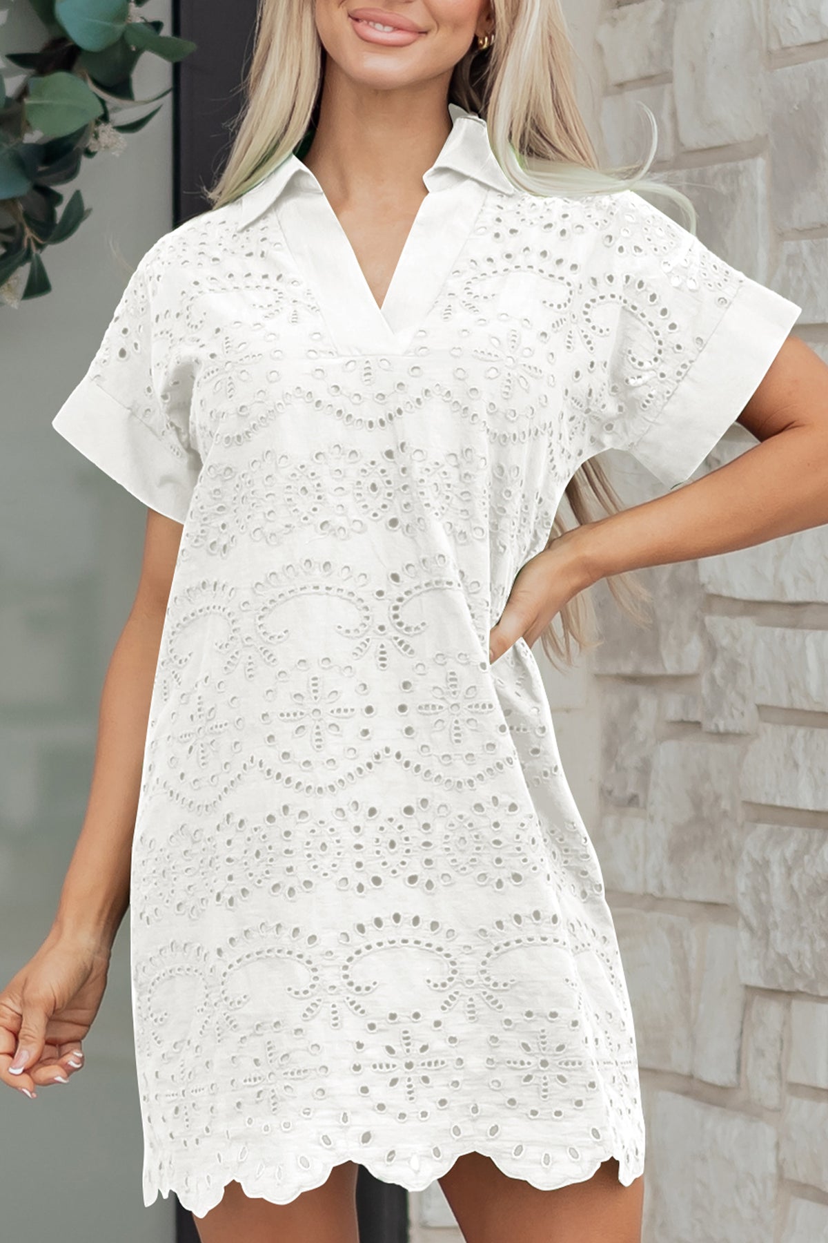 White (100% Cotton) Eyelet Embroidered V-Neck Mini Dress