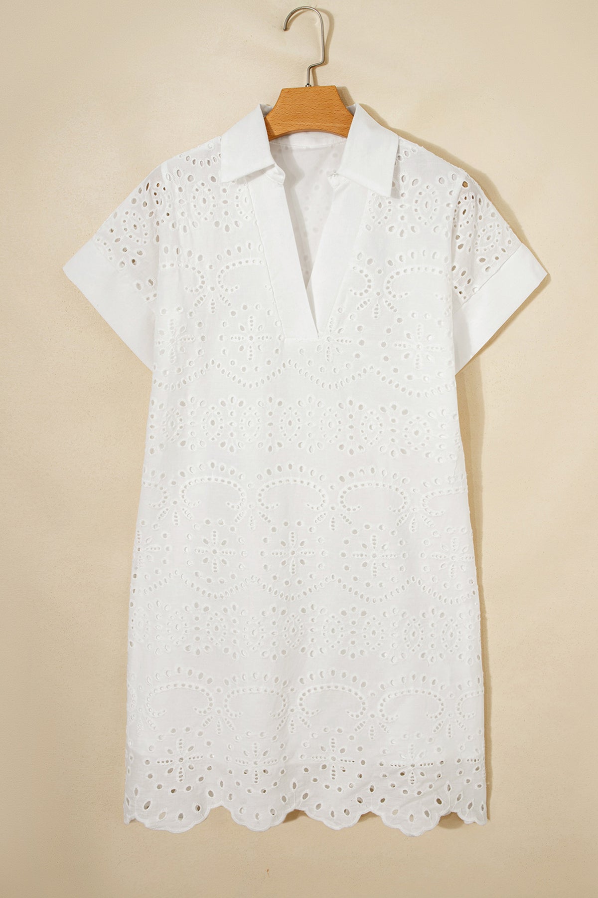 White (100% Cotton) Eyelet Embroidered V-Neck Mini Dress