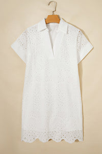 White (100% Cotton) Eyelet Embroidered V-Neck Mini Dress