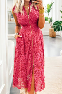 Dark Pink Zip Up Floral Lace Smocked Waist, Lined Sleeveless Dress