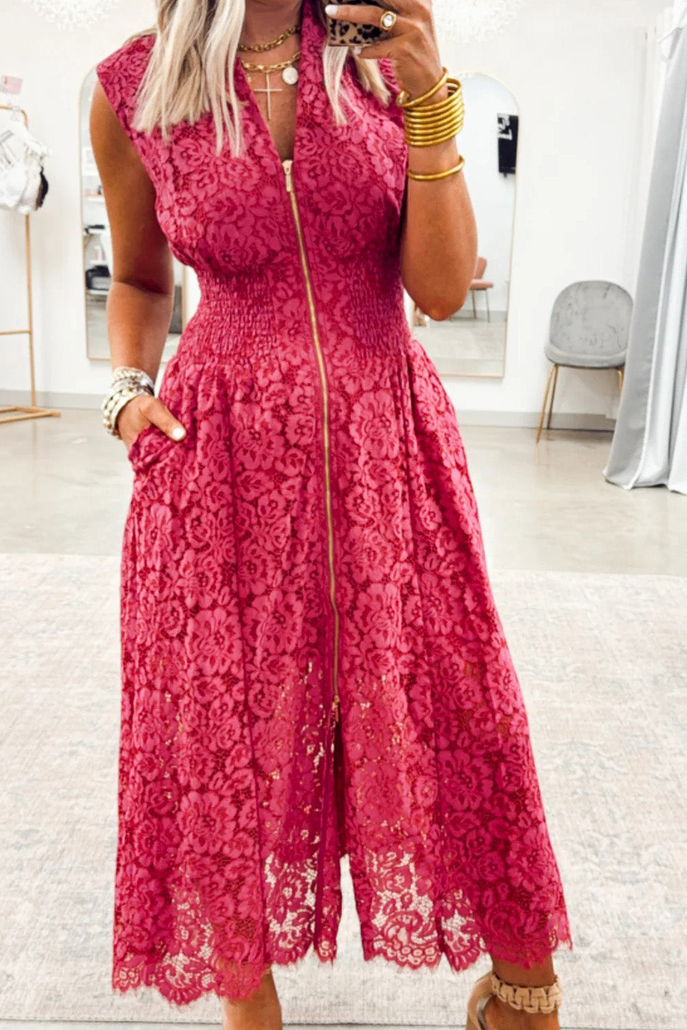 Dark Pink Zip Up Floral Lace Smocked Waist, Lined Sleeveless Dress