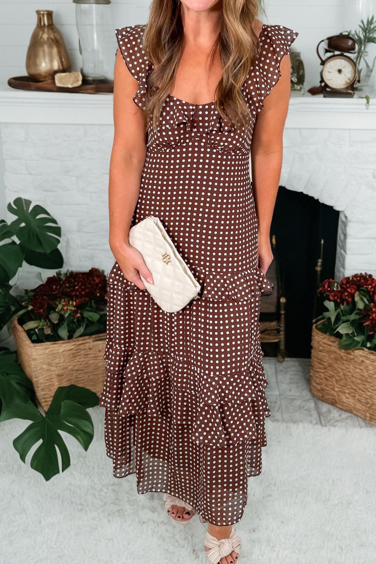 Cocoa Polka Dot Tiered Maxi Dress with Pockets & Adjustable Straps
