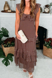 Cocoa Polka Dot Tiered Maxi Dress with Pockets & Adjustable Straps