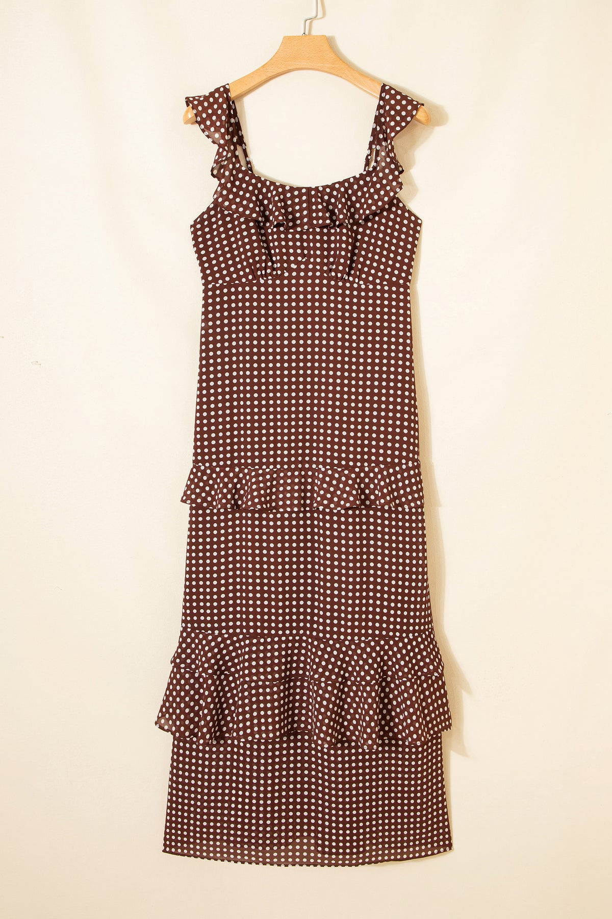 Cocoa Polka Dot Tiered Maxi Dress with Pockets & Adjustable Straps