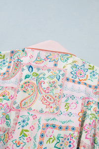 Paisley Floral Print Half Button 3/4 Sleeve Mini Dress with Pockets