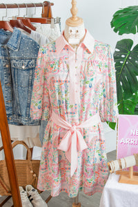 Paisley Floral Print Half Button 3/4 Sleeve Mini Dress with Pockets