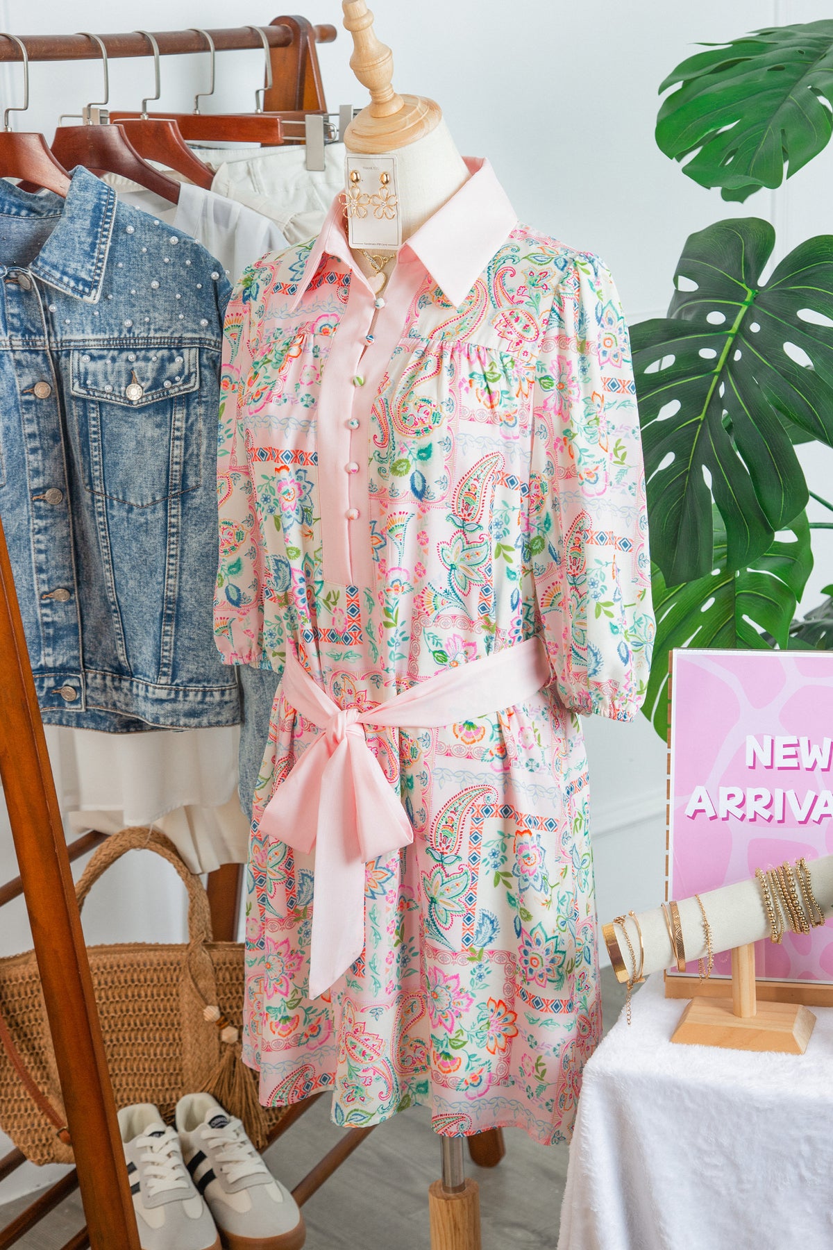 Paisley Floral Print Half Button 3/4 Sleeve Mini Dress with Pockets