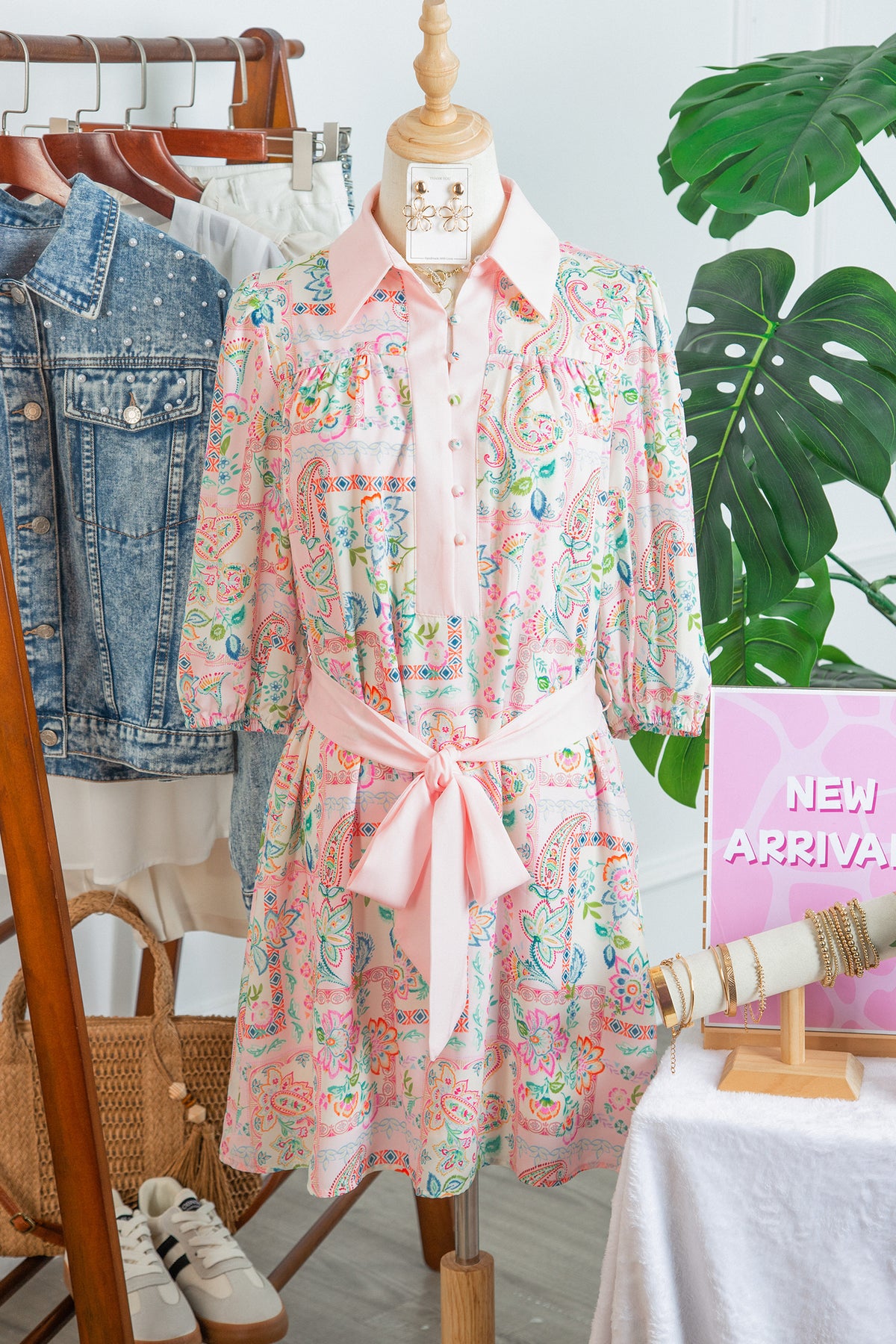 Paisley Floral Print Half Button 3/4 Sleeve Mini Dress with Pockets