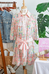 Paisley Floral Print Half Button 3/4 Sleeve Mini Dress with Pockets