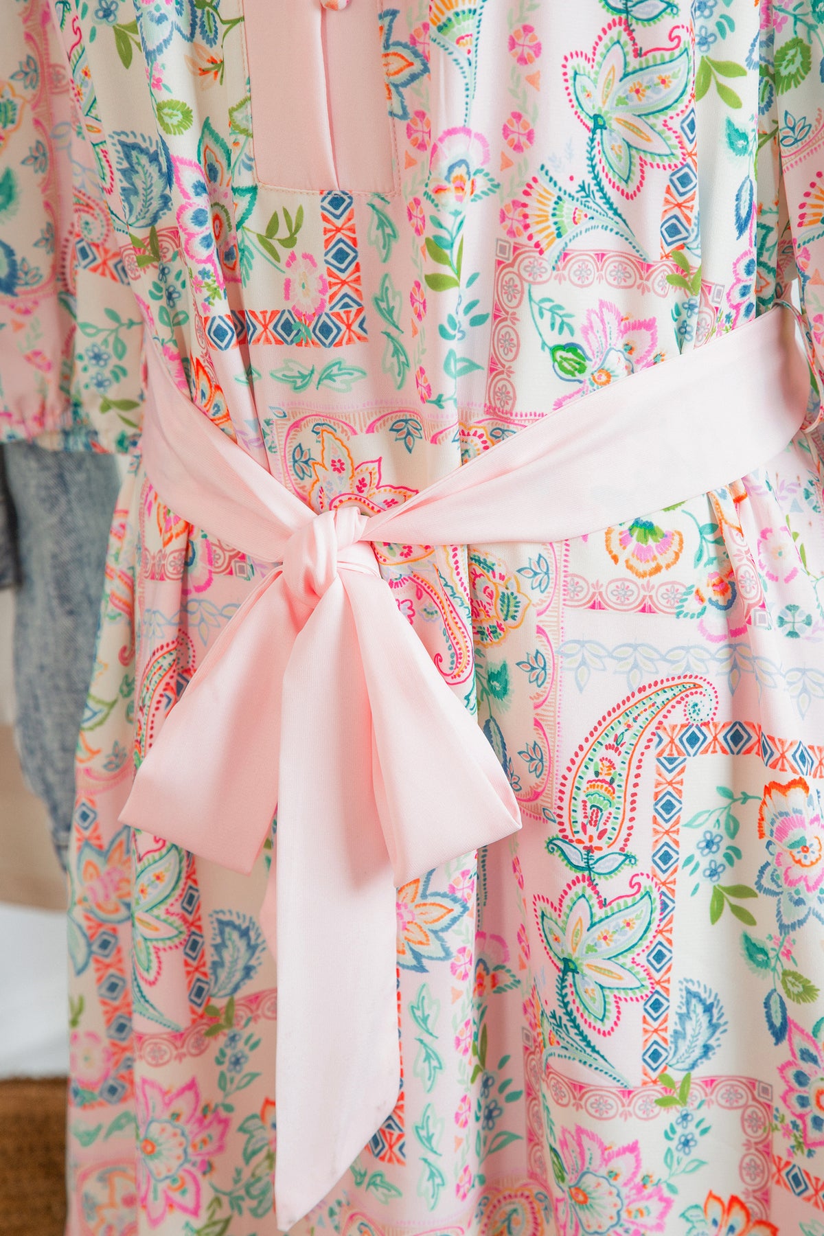 Paisley Floral Print Half Button 3/4 Sleeve Mini Dress with Pockets