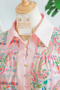 Paisley Floral Print Half Button 3/4 Sleeve Mini Dress with Pockets