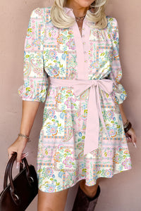 Paisley Floral Print Half Button 3/4 Sleeve Mini Dress with Pockets