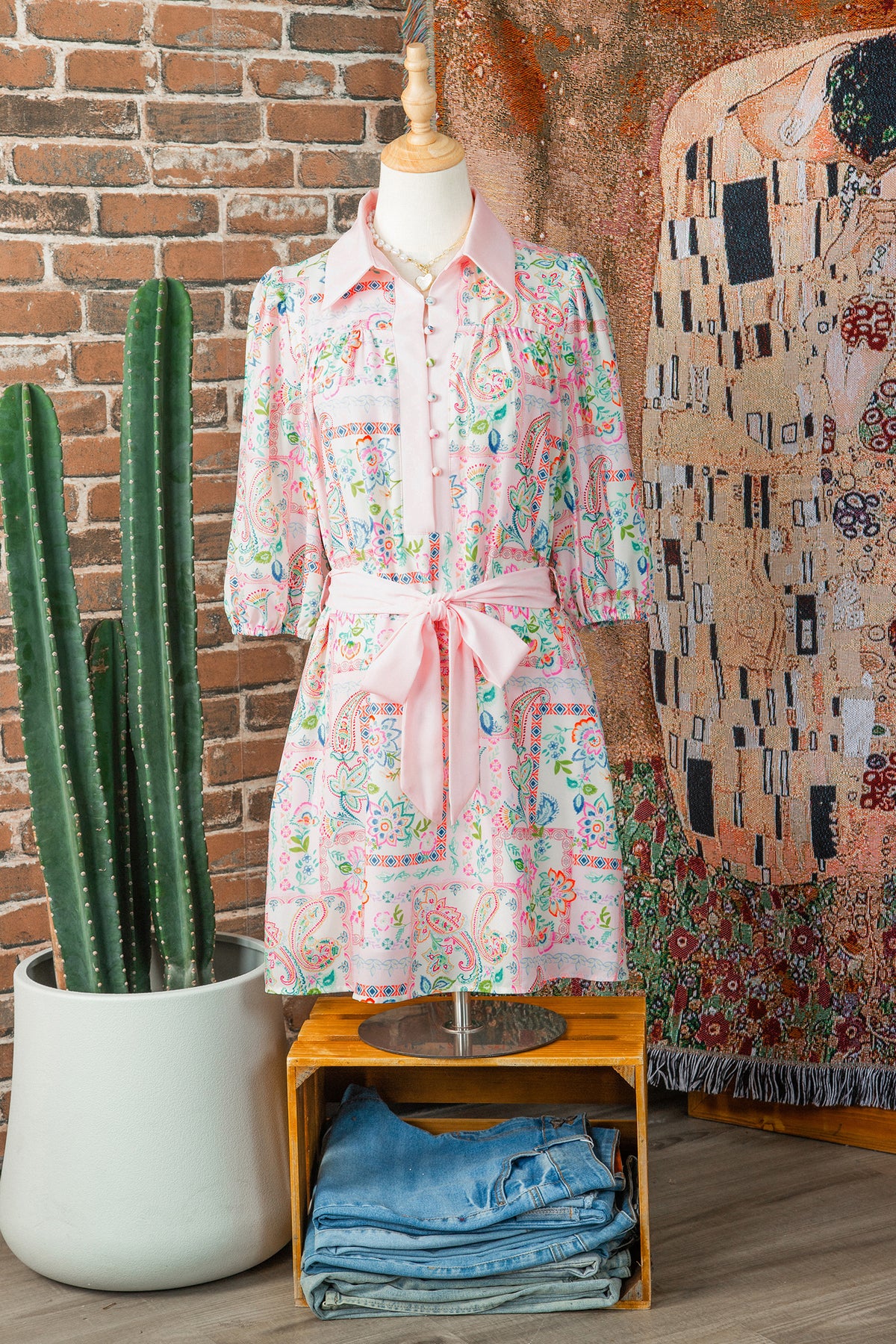 Paisley Floral Print Half Button 3/4 Sleeve Mini Dress with Pockets