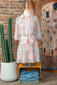 Paisley Floral Print Half Button 3/4 Sleeve Mini Dress with Pockets