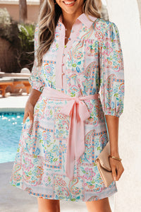 Paisley Floral Print Half Button 3/4 Sleeve Mini Dress with Pockets