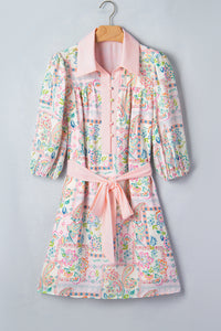 Paisley Floral Print Half Button 3/4 Sleeve Mini Dress with Pockets