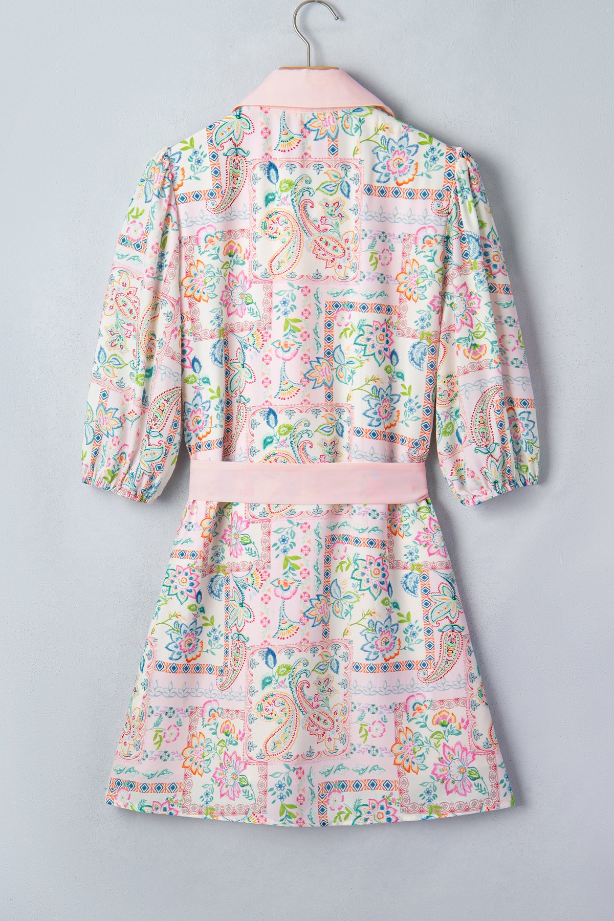 Paisley Floral Print Half Button 3/4 Sleeve Mini Dress with Pockets