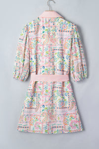 Paisley Floral Print Half Button 3/4 Sleeve Mini Dress with Pockets