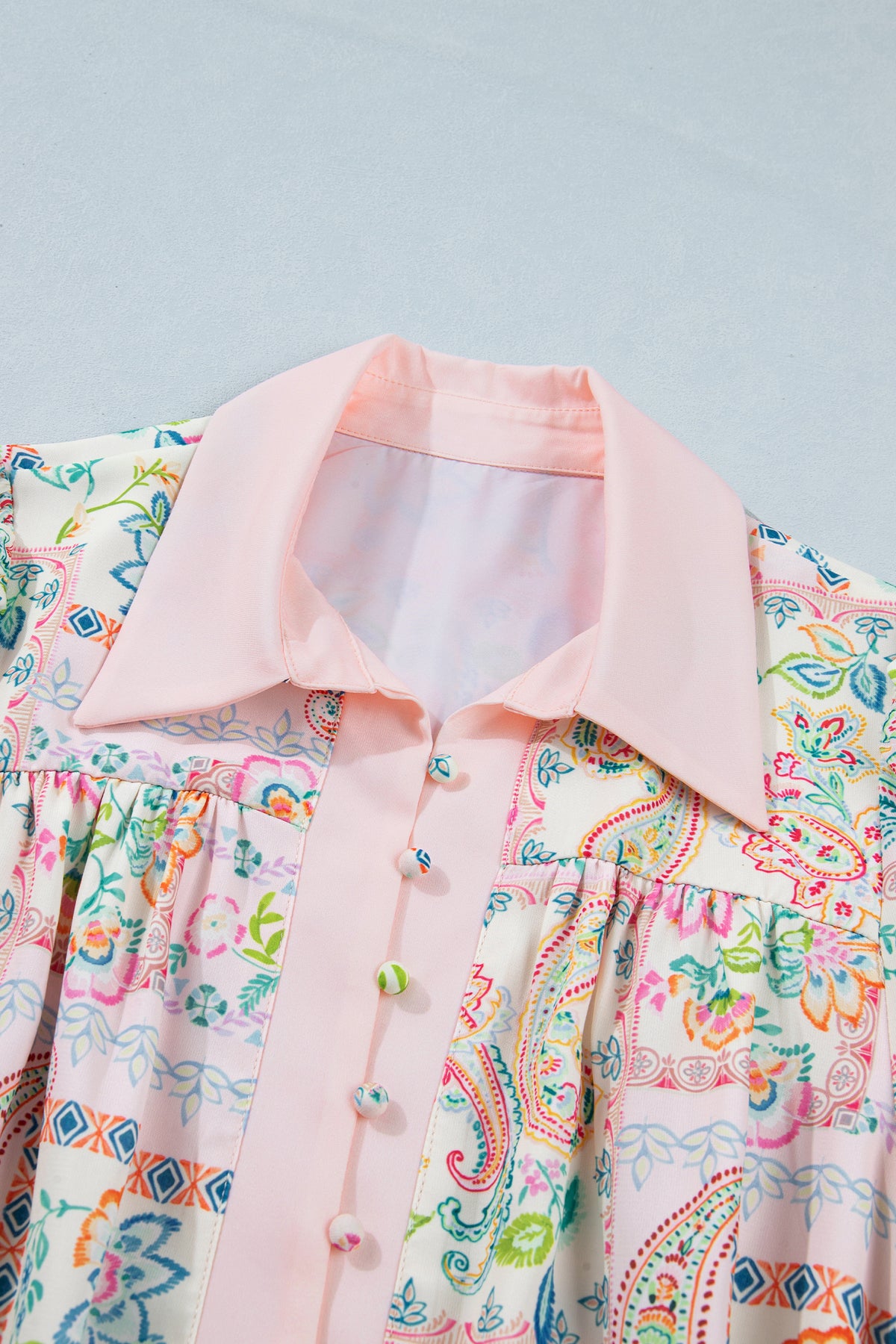 Paisley Floral Print Half Button 3/4 Sleeve Mini Dress with Pockets