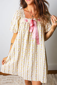 Carrie Floral Print, Lace Trim Square Neck w/Pink Bow Mini Dress
