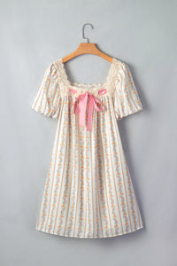 Carrie Floral Print, Lace Trim Square Neck w/Pink Bow Mini Dress