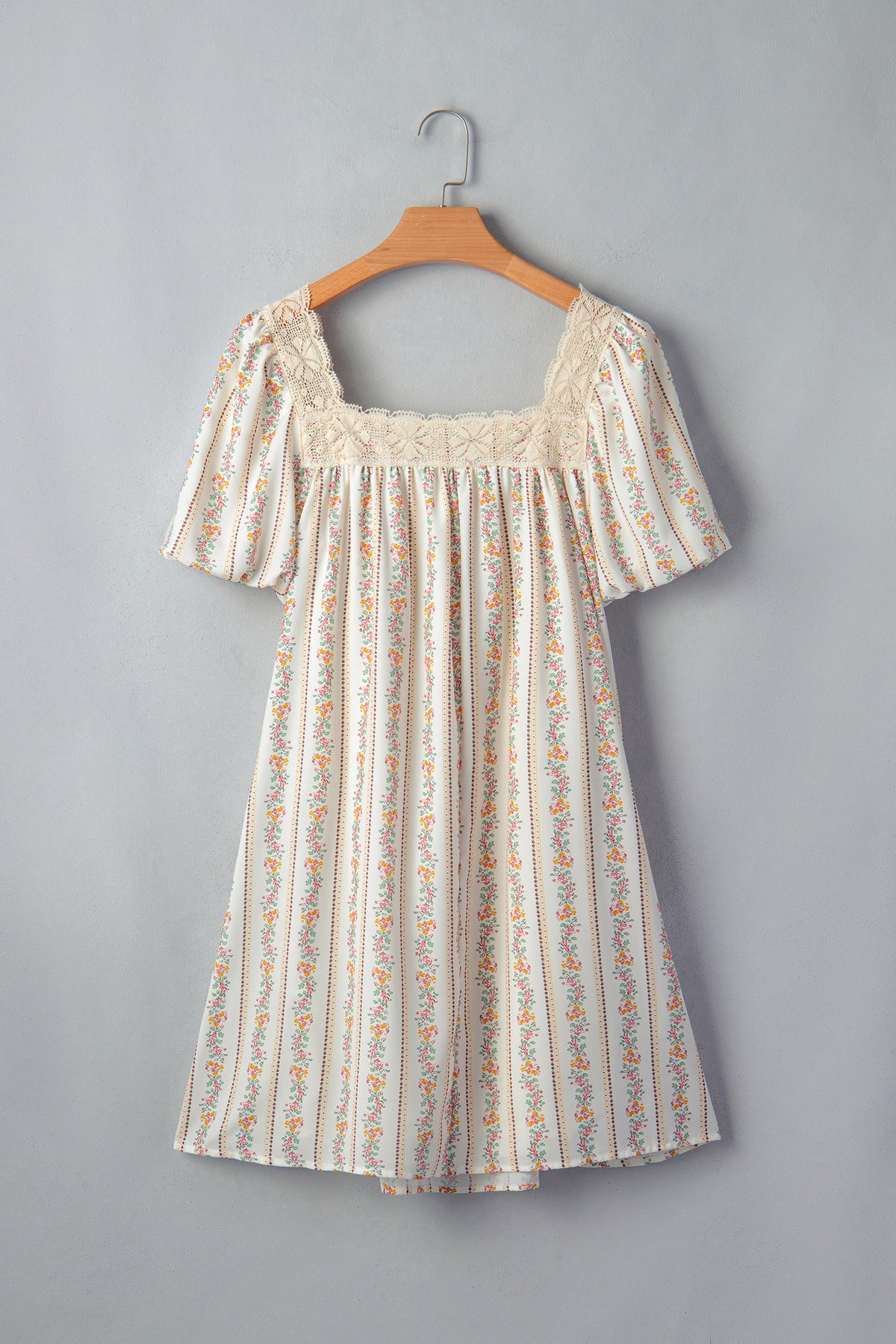 Carrie Floral Print, Lace Trim Square Neck w/Pink Bow Mini Dress