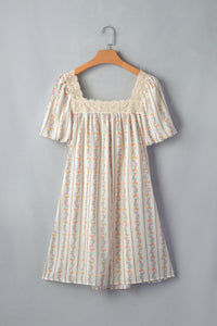 Carrie Floral Print, Lace Trim Square Neck w/Pink Bow Mini Dress